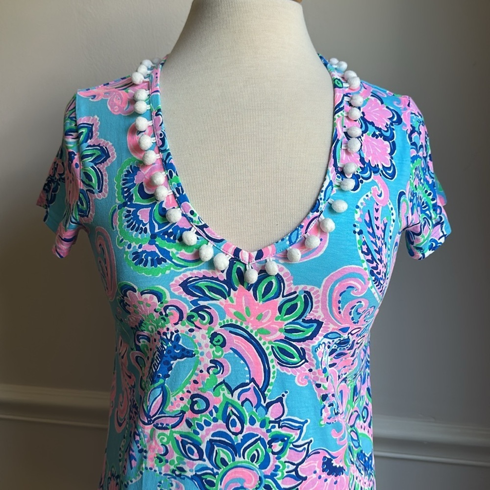 Lilly Pulitzer Etta V-Neck T-Shirt Dress Blue Horizon Jungle Sunrise XS EUC - Picture 5 of 9